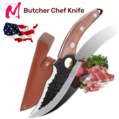 Butcher Chef Knife Handmade Forged Kitchen Meat Cleaver Boning Knife With Sheath • $17.77