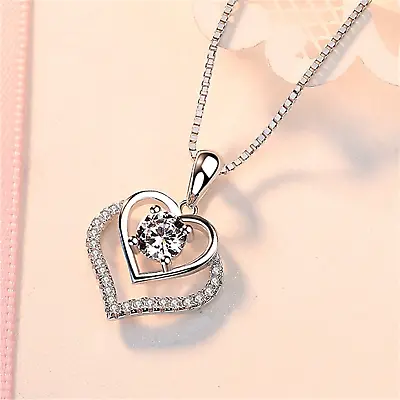 Love Heart CZ Crystal Pendant Chain Necklace 925 Sterling Silver Girl Gift UK • £3.49