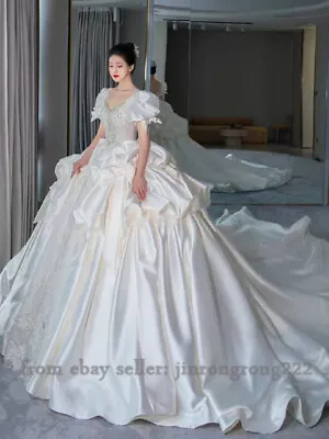 Wedding Dress Bridal Main Yarn Princess Satin Gown Senior Vintage Train • $151.80