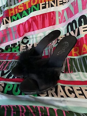 Pleaser Black Marabou Feather Fur Slipper Clear Heel Size 8 • $24.99