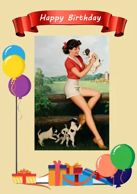 Pin Up Girl With Cute Jack Russell Fox Terrier Pups Dog Birthday Greetings Card  • £2.50