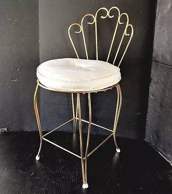 Vtg Vanity Chair Stool MCM Scroll Brass-tone Metal Gold W/White Vinyl Cushion  • $69.99