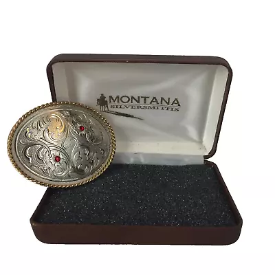 Montana Silversmith Oval Belt Buckle Silver Gold Tones Red Rhinestones Flowers • $49.95