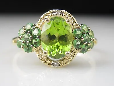 Peridot Diamond Ring Tsavorite Garnet Green CID Halo 14K Yellow Gold Size 8 • $675.32