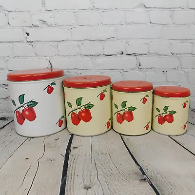 VTG 1950s Decoware Metal Tin Canister Set Of 4 Apples Retro 8  Nesting GUC • $49.97