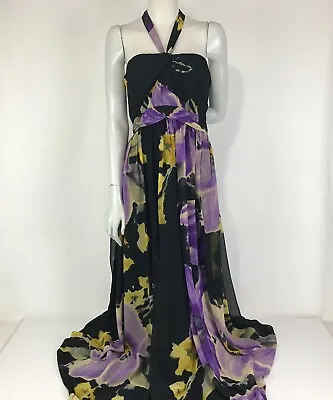 Coast Dress Black Size 12 Purple Mustard Floral Maxi Halter Tie Lined Chiffon • $29