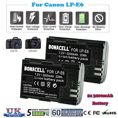 2Pack 3200mAh Battery For Canon LP-E6 LP-E6N EOS 70D 7D 60D 5D Mark II III 6D UK • £20.99