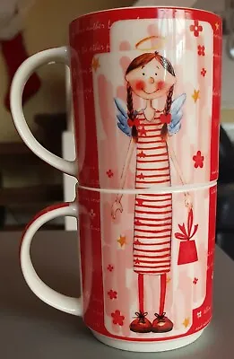 £8.99 • Buy Set Of Mugs 2 Red Angel Girl Stackable Fairy Pixie Cups Quirky 