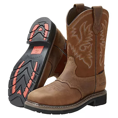 HISEA Men Steel Toe Work Boots Wide-Square Toe Genuine Leather Cowboy Botas Farm • $85.99