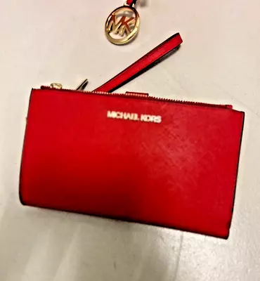 Michael Kors Jet Set Travel Large Leather Double Zip Wristlet Wallet Bright Red • $67.50