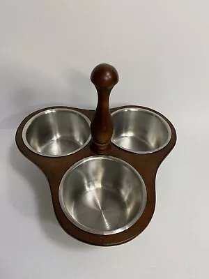 Mid Century Wooden Condiment Stand Caddy Three Stainless Steel Bowls • $19.95