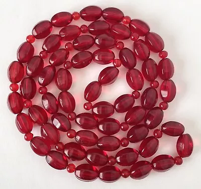 Vintage Czech Ruby Red Glass Melon Handmade Bead Necklace 38” • $8