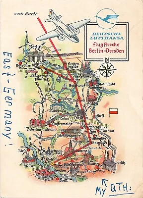 QSL Card Ham Radio PostCard 1958 East Germany Deutsche Lufthansa Map Airplane  • $7.30