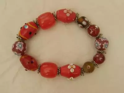 Murano Glass Red Wedding Cake Candy Cane Bead Bracelet • £9.99