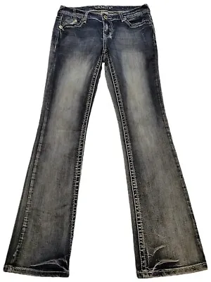Vanity Dark Stone Wash Low Rise Denim Straight Leg Blue Jeans Women's Size 28W • $21.99