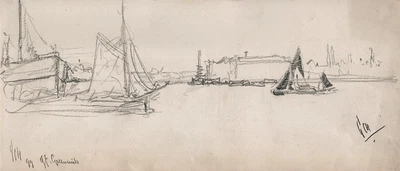 GEORGE CHARLES HAITE Victorian Drawing 1899 GREENWICH LONDON BOATS ON THE THAMES • £150