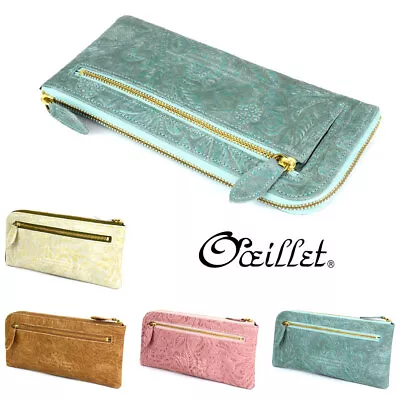 Long Wallet L-Shaped Zipper Thin Floral Pattern Embossed Leather Genuine Made In • $220.38