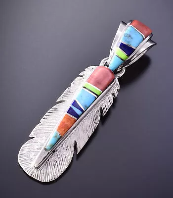 Silver & Turquoise Navajo Inlay Eagle Feather Pendant 4B21Z • £223.29