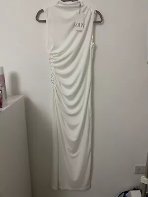 Zara White Draped Straight White Midi Dress Size Large New • £10