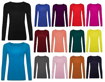 New Womens Long Sleeve Round Neck Plain Basic Ladies Stretch T-Shirt Top UK 8-26 • £7.99