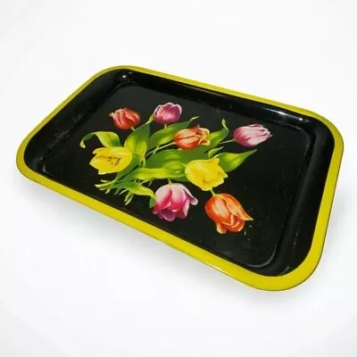 Vintage Metal Serving Tray Black Multicolored Tulips Floral Design *read* • $17.99