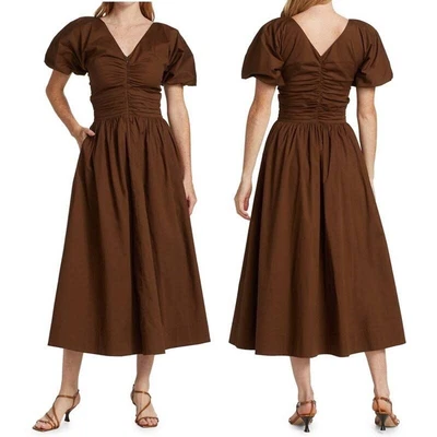 $75 • Buy Staud Greta Dress In Bark Brown Puff Sleeve Midi  Sz 00 Puff Sleeve V-Neck