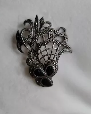 Vintage Art Deco Design Pyrite Marcasite & Onyx Sterling Silver Brooch Pin • $27.99