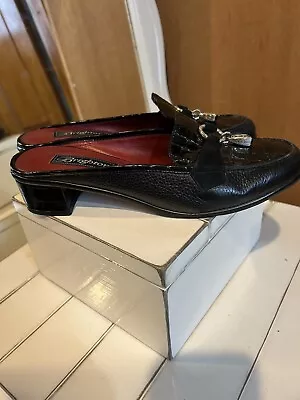 Brighton Alma Slides Mules Shoes Black  Leather Croc Silver Tassel  Slip On 8 W • $29.99