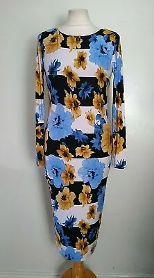 MARKS & SPENCER Size 8 BLACKWHITEBLUEBEIGE Floral Long Sleeve JERSEY DRESS • £3.99