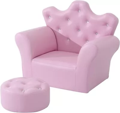 Kids Armchair Puffer Set Footrest Pink Leather Diamond Tufted Princess Furniture • £74.89