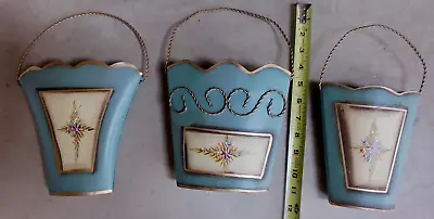 Vintage Tin Wall Pockets SAGE GREEN & GOLD METAL PLANTER GARDEN BASKET DECOR 3Pc • $19.99