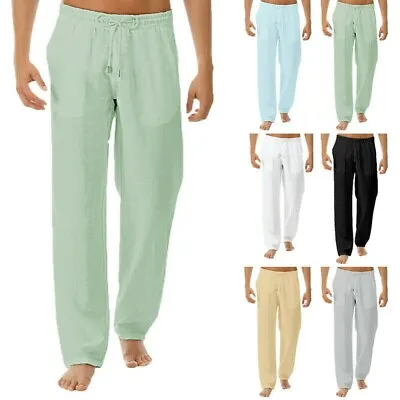 $23.99 • Buy Mens Cotton Linen Loose Pants Casual Drawstring Beach Yoga Baggy Long Trousers