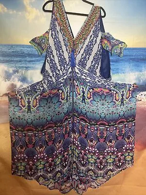 Camilla Silk Multi-Colored Kaftan With Crystal Embellishments. One Size .#S • $150