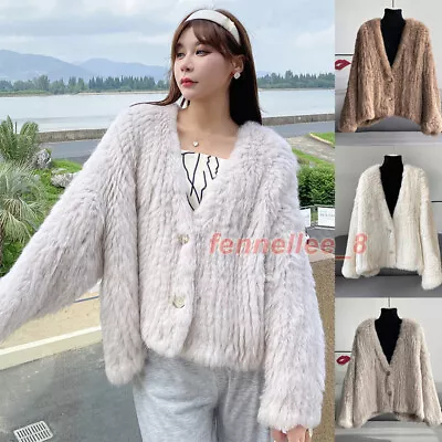 Women 100% Real Rabbit Fur Knitted V Collar Coat Casual Jacket Outwear Warm Tops • $122.91