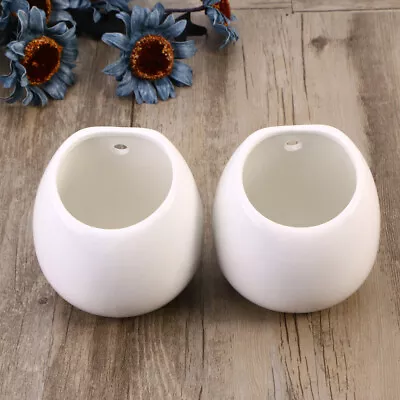 White Ceramic Hanging Planter Set Of 2 - Round Wall Flower Pots For Succulents • £18.98