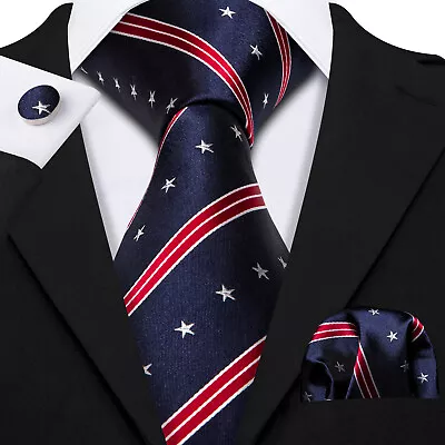 Mens Tie Blue Red Striped Ties Necktie Hanky Cufflinks Wedding Silk Set Prom • $11.99