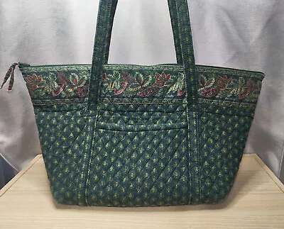 Vera Bradley Tote Bag Deep Green Floral Zip Carryall Tote Bag Vtg 90s • $20.75