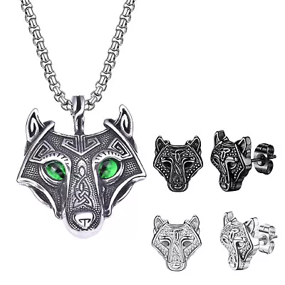 Retro Men Stainless Steel Viking Tribal Wolf Head Pendant Necklace Stud Earrings • $13.99