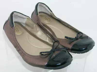 Me Too Lucca Bronze Leather Bow Square Cap Toe Slip On Ballet Flats 8M • $22.09