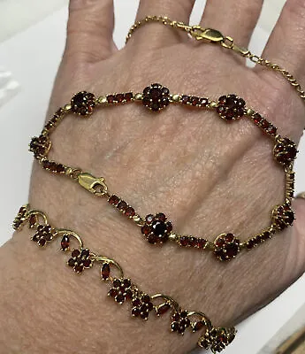 Vintage 14k Bohemian Garnet Flower Necklace And Bracelet • $949.99