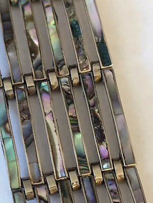 Vintage Sterling Silver 925 Abalone Gate Hinge Cuff Bracelet • $110