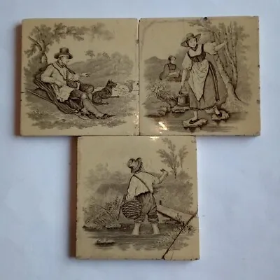 3 X Antique Minton China Works Tiles Depicting Rural Scenes By William Wise. • £29.95