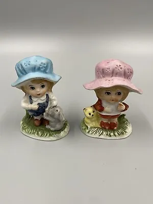 Vtg Artmark Set Of 2 Ceramic Hand Painted Girl & Boy 3” Figurines In Bonnet Hats • $9.60