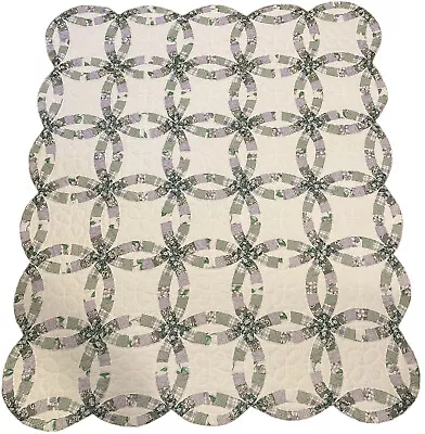 Double Wedding Ring Quilt Scalloped Hand Stitched Vintage 66” X 79” White • $119