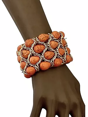 2  Wide Simulated Orange Semi Precious Stones Chunky Statement Bracelet • $16.20