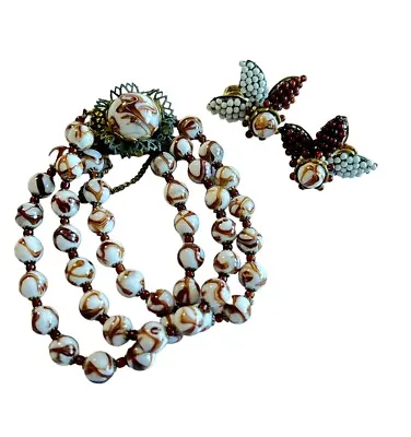 Miriam Haskell Seed Bead Venetian Glass Bracelet & Earrings Set Brown White Clip • $199.99