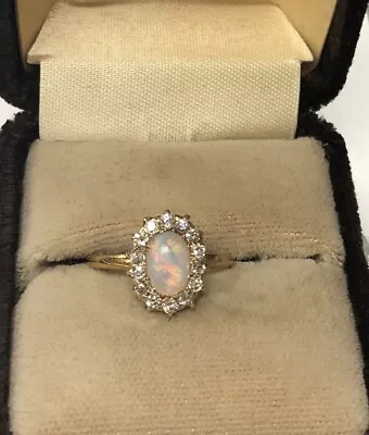 ANTIQUE OPAL AND EUROPEAN CUT DIAMOND RING 18k • $159.50