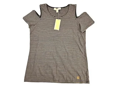 Michael Kors Womens Khaki Black Striped Cold Shoulder Top Blouse Size L • $39.99