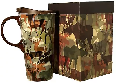 ￼Woodland Moose 17 Ounce Ceramic Coffee Mug W/ Lid And Decorative Gift Box • $22.50