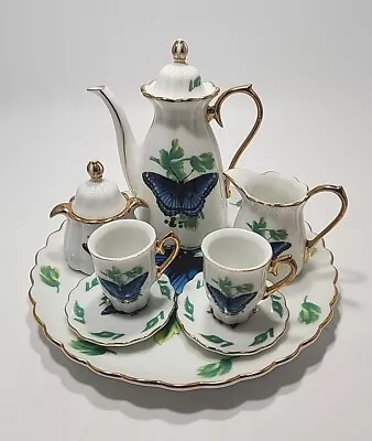 VINTAGE MINIATURE TEA SET  WITH BLUE BUTTERFLY Gold Tone Trim 10 Pc • $24.99